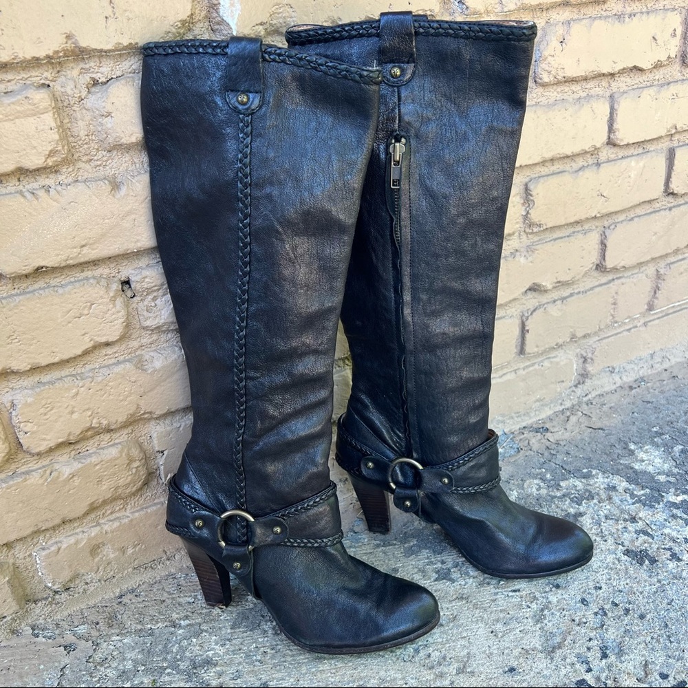 Frye Vicki Tall Braided Harness Black Leather Boot
